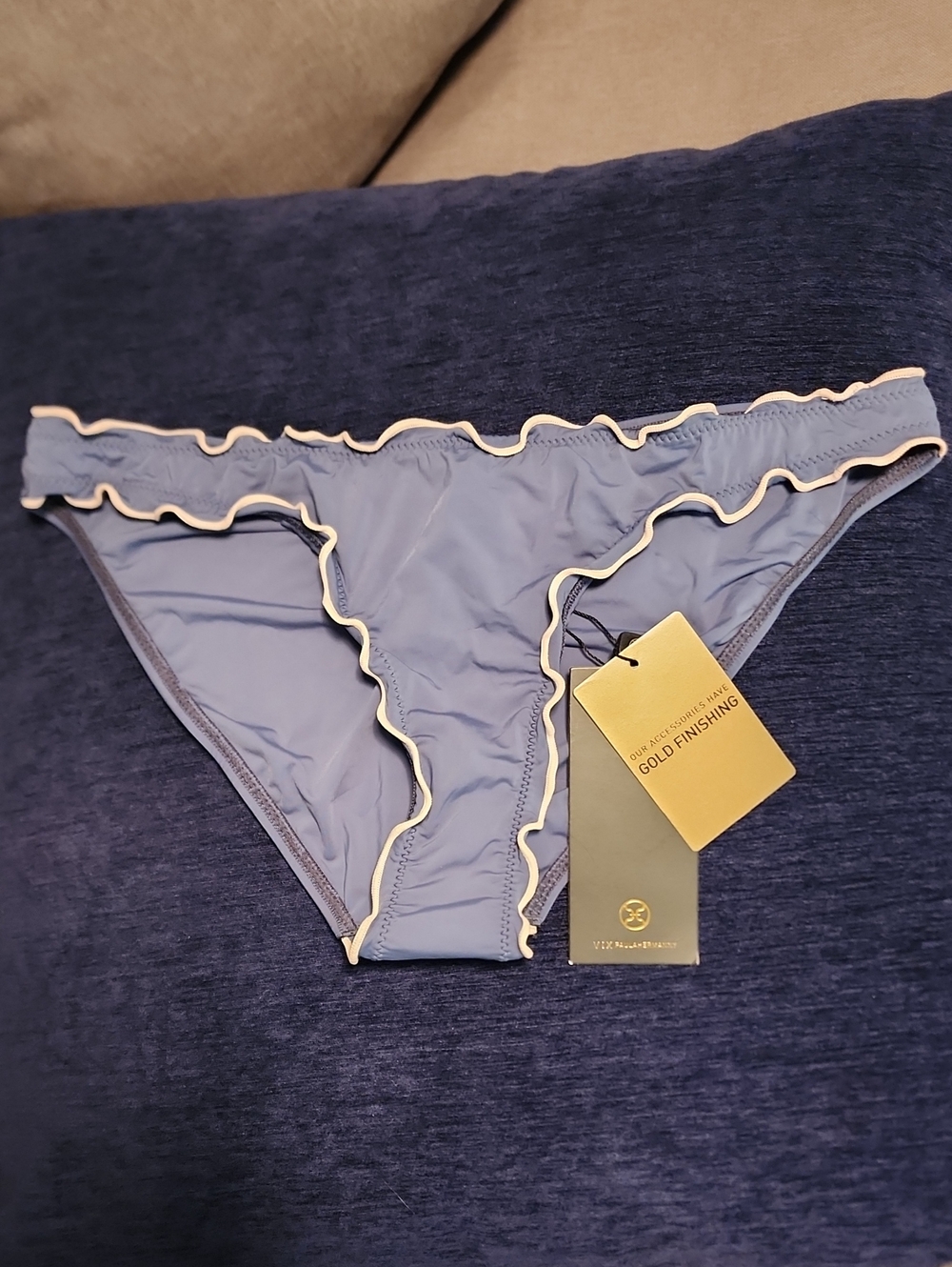NEW! Vix Paula Hermanny Ruffled Edge Light Blue Bikini Bottoms with Cream Trim